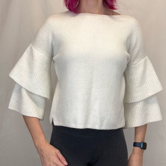 Falls Creek Womens Tiered Ruffle Sleeve Sweater S SM Small Ivory Cream Off White - Picture 1 of 13